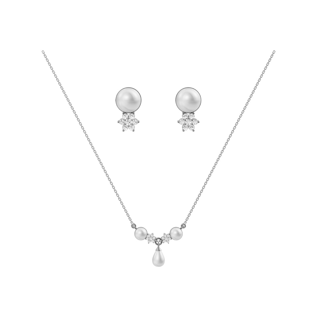 Pearl necklace and earrings set on a white background