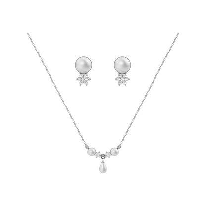 Pearl necklace and earrings set on a white background