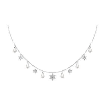 A silver-colored necklace with a series of pearl drop pendants.