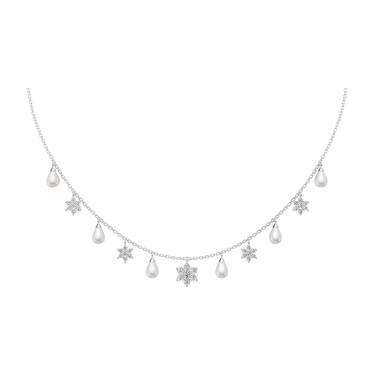 A silver-colored necklace with a series of pearl drop pendants.