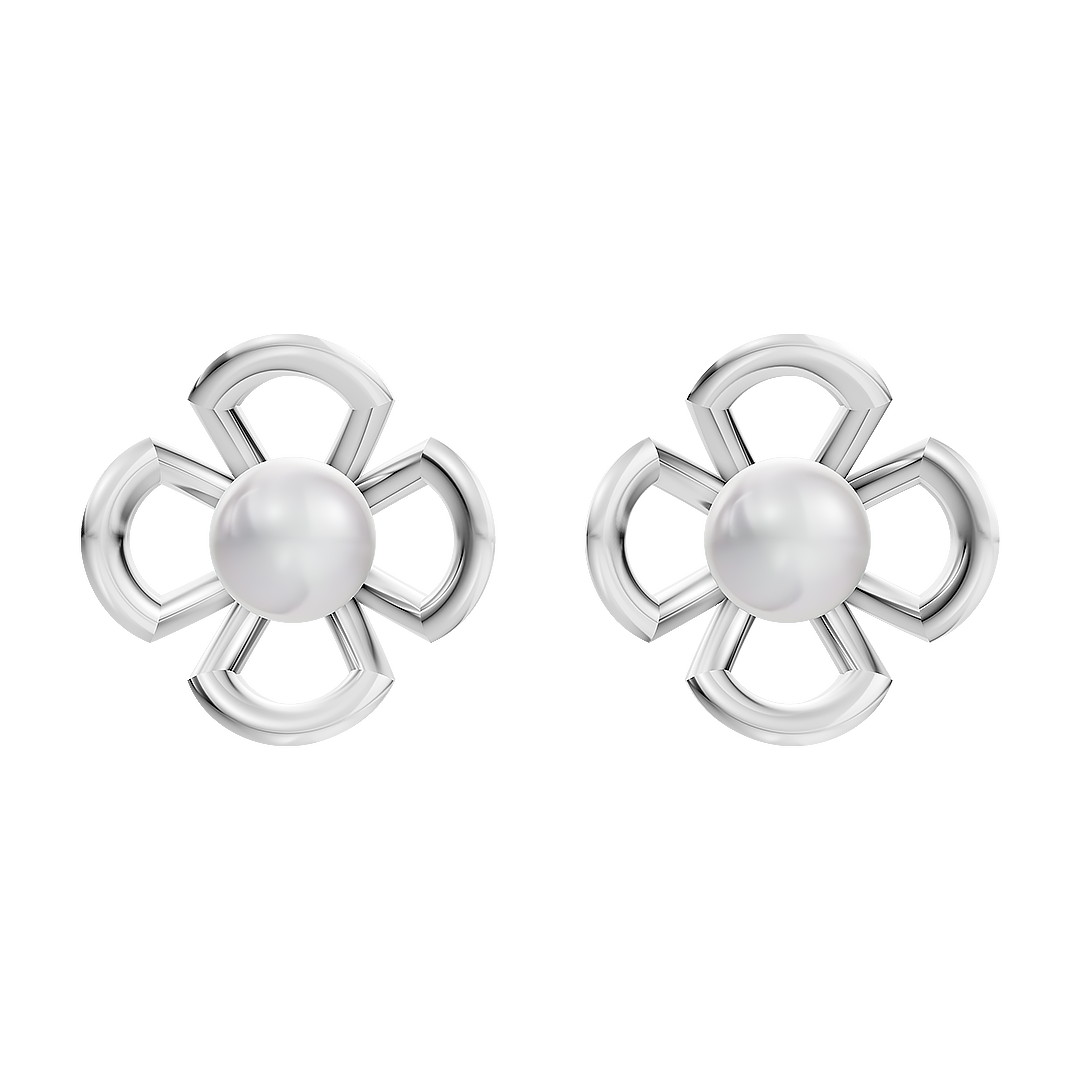 This image features a pair of elegant everyday pearl earrings. The design showcases a unique floral pattern, with each earring composed of multiple petals surrounding a central pearl.