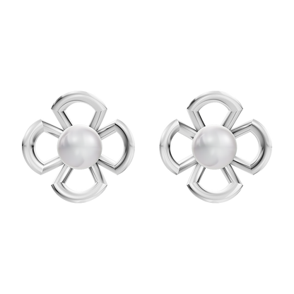 This image features a pair of elegant everyday pearl earrings. The design showcases a unique floral pattern, with each earring composed of multiple petals surrounding a central pearl.