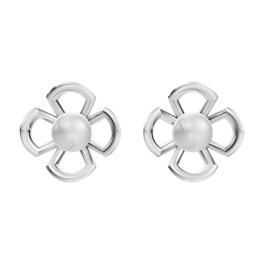 This image features a pair of elegant everyday pearl earrings. The design showcases a unique floral pattern, with each earring composed of multiple petals surrounding a central pearl.
