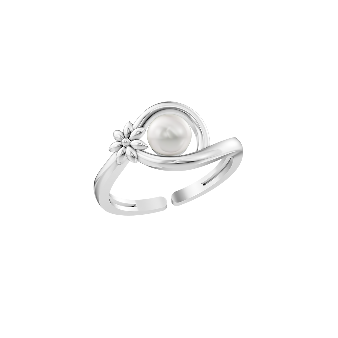 92.5 Silver ring with a freshwater pearl and floral design on a white background