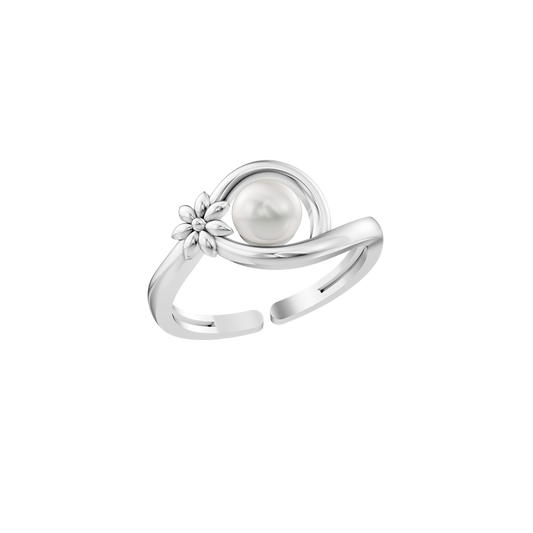 92.5 Silver ring with a freshwater pearl and floral design on a white background